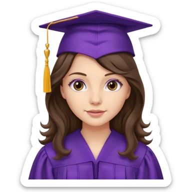 pretty brunette with long wavy hair wearing a purple graduation cap and gown sticker