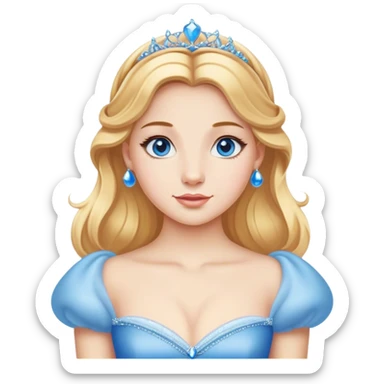 Cinematic Realistic Comical Cinderella Portrait, with every detail rendered realistically—from the soft, smooth texture of her fair skin to her artfully styled golden-blonde hair. Her bright blue eyes are wide with playful disbelief, and her expression carries a touch of whimsical humor while retaining elegant poise. Her classic ball gown, detailed with rich fabric textures and natural shadows, catches the light in a way that blends refined beauty with a hint of cheeky mischief, creating a striking, lifelike portrayal. sticker