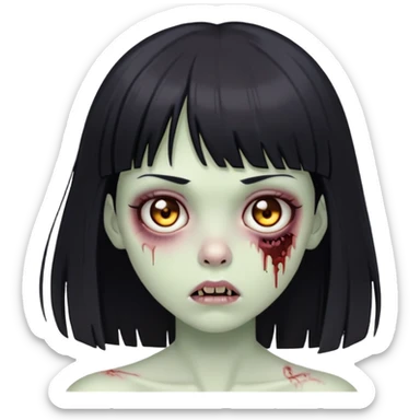 a zombie girl with bangs and straight Black hair and brown eyes sticker