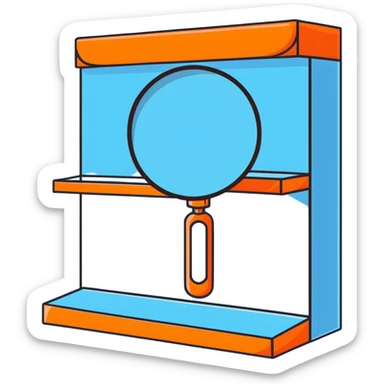 front view magnifying glass over empty orange beauty product shelf searching sticker