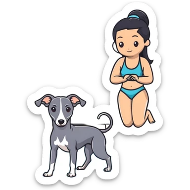 Slim Chinese woman with long black hair in pool attire at an indoor swimming pool with her Italian greyhound that is COMPLETELY and ENTIRELY solid dark grey, with ABSOLUTELY ZERO white markings anywhere on its entire body including face, nose, chest, paws - 100% uniform dark grey color only sticker