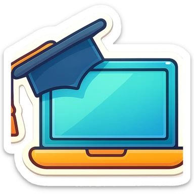 Refine this image into a modern emoji style suitable for a learning center. Keep the laptop and academic cap elements, make it more colorful and friendly with a clean, simple look. Transparent background. sticker