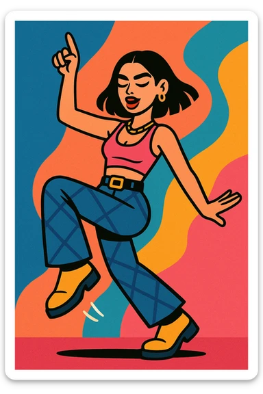 Dua Lipa in a dynamic dance pose, trendy outfit, pop music vibe sticker