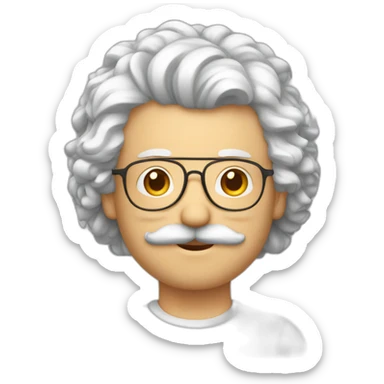 homme blanc cheveux bouclé et brun, fine lunette et moustache sticker
