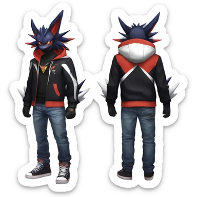 Cool Anthro Black Noivern-Absol-Litten-Pokémon with edgy stripes hoodie spiked collar punk Full Body sticker