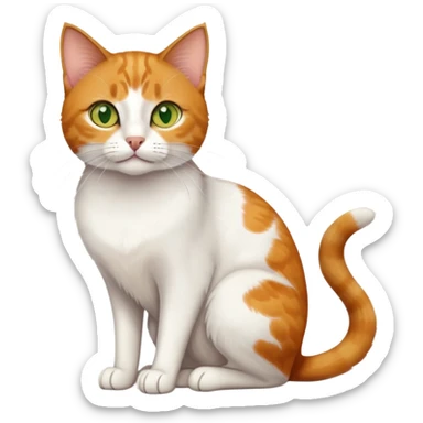 A mix breed cat (domestic shorthair and Arabian mau) sitting, with white fur, three ginger spots on its back, a ginger tail, and yellow-green eyes sticker