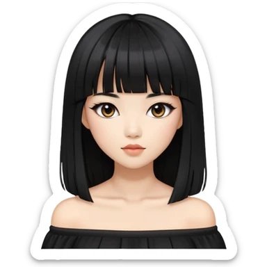 stylish woman with Asian skin, black off-shoulder top, long straight black hair with bangs, and soft makeup sticker