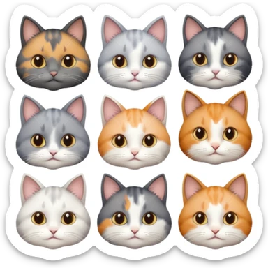 6 realistic looking cats with different natural coloured coats, assorted grey and white, greys, calico, brown and white colours etc
 sticker