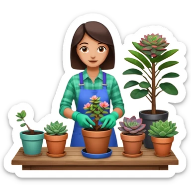 Close-up of a person planting a sapling in a pot. Around, potted plants and succulents with vibrant leaves and flowers. Sunlight filters through the window, casting soft shadows. Cozy indoor space with gardening tools on a wooden table. sticker
