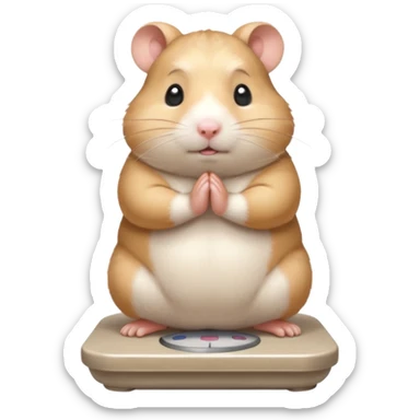 Cute chubby cartoon-style hamster standing on a bathroom scale, looking nervous with praying hands. Painterly shading, expressive eyes, white background, sticker-style illustration sticker
