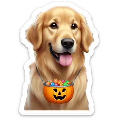 Golden retriever with a jack o lantern bucket full of colorful candy in his mouth sticker