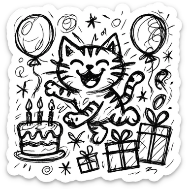 chaotic outlined icon of a happy tabby kitten jumping among balloons, birthday cake, and gift boxes, with wild, scribbled lines sticker