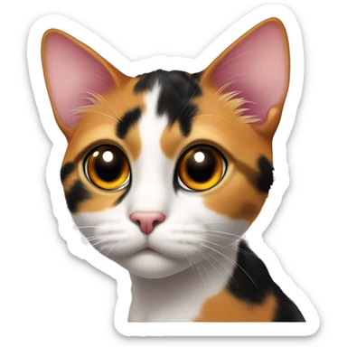 curious calico cat with pink nose, Mostly black markings on her head and a little orange markings on her left eye,gazing forward sticker