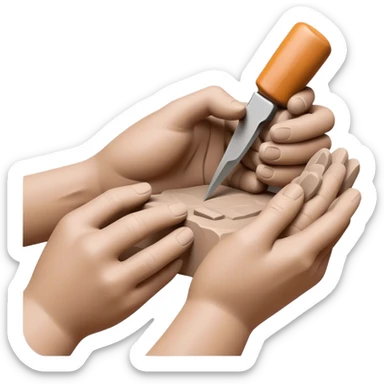 Clay sculpting icon, hands shaping clay, sculpted figure in progress, sculpting tools like chisels and knives, textured clay surface, minimalistic style, clean lines, transparent background. sticker