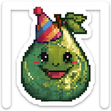 Add a colorful party hat to the happy pear with a big smile in pixel art style. Keep the pixel art aesthetic and no background. sticker