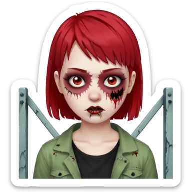White girl, zombie, micro bangs, short hair, black and red hair, bridge piercing sticker