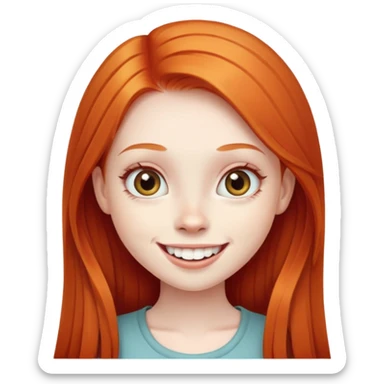 traditional simple emoji of young girl with very pale skin, long straight bright ginger red hair, big eyes, big smile with teeth showing, classic round face sticker