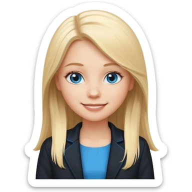 A white girl with long straight blonde hair, blue eyes and a white dress with a smiling black jacket sticker