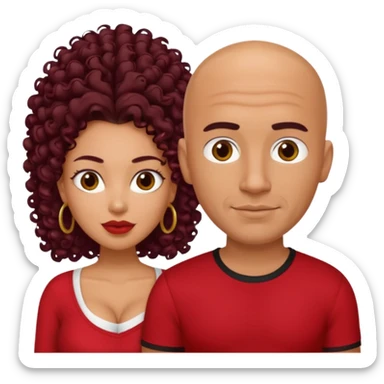 A picture of a sexy tanned couple. the guy is Mexican, with a bald hair cut and a red shirt. the girl is mixed, she has curly longer dark brown hair, and with big boobs and wearing black shirt  sticker