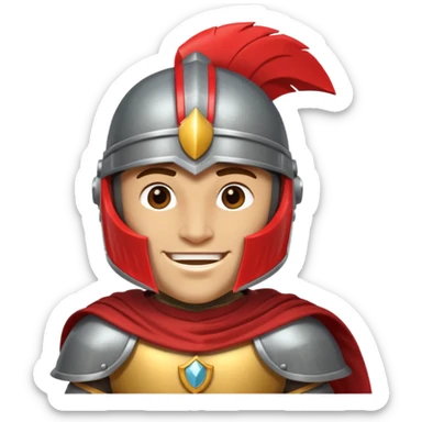A friendly Trojan warrior mascot with a large cartoon-style head, wearing a silver helmet with a red crest and black cheek guards.  confident smile. The character wears dark armor with metallic details and a WITH yellow cape.  sticker