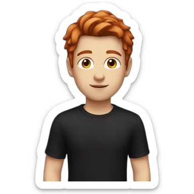 A white teenager with big brown eyes and middle-parted red hair, wearing a black T-shirt. sticker