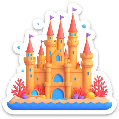 Ariel's underwater castle from The Little Mermaid, golden spires, colorful coral, seashell architecture, bubbles sticker