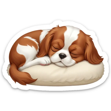 Cinematic Chubby Sleeping Cavalier King Charles Spaniel Portrait Emoji, Chubby and serene, with a round, endearing build and a plush, silky coat of rich chestnut and white, eyes gently closed in peaceful slumber, Simplified yet irresistibly endearing features, highly detailed, glowing with a gentle, dreamy glow, high shine, relaxed and content, stylized with a touch of whimsy, bright and heartwarming, soft glowing outline, capturing the essence of a blissfully sleepy companion, so comically serene it feels like it could roll out of the screen and snore with adorable charm! sticker