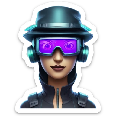 Secret humanoid agent in a futuristic hat with in Apple VR goggles headset code display on the goggles , cyberpunk, cyan and purple colors, only upper body portrait, front facing the camera  sticker