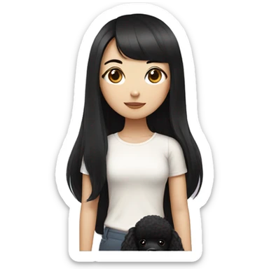 One Korean girl with black long straight hair with one black poodle sticker