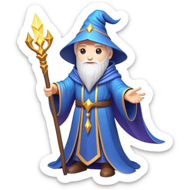 Clash of Clans aesthetic: Cinematic Playful Wizard Hero Emoji, rendered in a 3D vector-style similar to standard emojis with minimal shading and bold, simplified shapes. A compact, isometric figure draped in flowing enchanted robes and wielding a mystical staff, softly glowing with an arcane magical charm. Simplified yet unmistakably iconic, highly detailed and consistent, glowing with a soft radiant glow and high shine. Stylized with a touch of whimsical sorcery and a soft glowing outline, capturing the essence of a powerful wizard ready to cast spells with a friendly, playful spirit! sticker