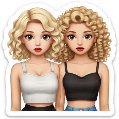 Two teenage girls together, one blonde and one with curly brown hair, both with heavy makeup, big lips, crop tops and choni style clothing sticker