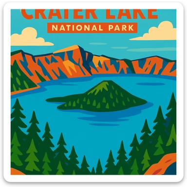 Crater Lake National Park, vibrant cartoon style, bright blue water, green pine trees, dramatic cliffs, Wizard Island in the center sticker
