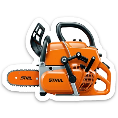 Stihl MS500i chainsaw, side view, showing the Stihl logo clearly, realistic proportions but simplified details, bright orange and silver color scheme, clean design, suitable for emoji style sticker