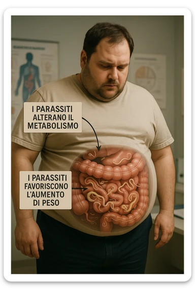 cinematic photo an overweight man is shown with a semi-transparent abdomen, highlighting the intestines filled with various types of parasites (such as worms or protozoa). Educational callouts explain how these parasites can disrupt metabolism and contribute to weight gain. The setting is a medical office, with charts and diagrams in the background. in italiano sticker