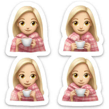 A pale blonde girl covered in a plaid light pink blanket sipping hot tea sticker