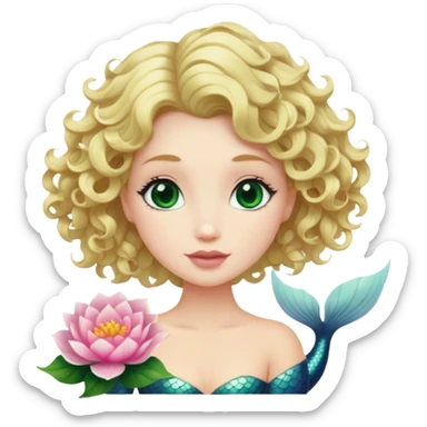 Uma sereia Branca, loira dos cabelos cacheados curtos até o ombro, com olhos verdes escuros, e no cabelo uma flor rosa clara sticker