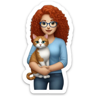 a curvy girl with red curly hair and blue glasses with a white and gray cat in her arms sticker