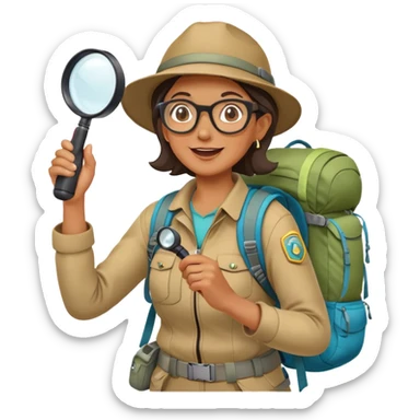 Middle-aged woman explorer with glasses in bright hiking gear and backpack, excitedly holding magnifying glass sticker