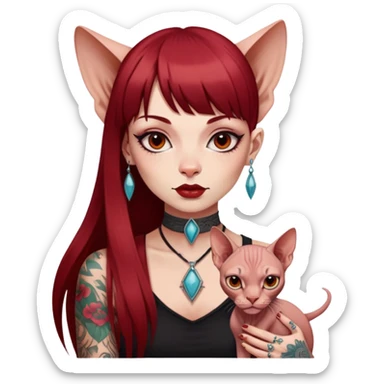 girl with long dark red straight bangs hair and tattoos and a Sphynx sticker
