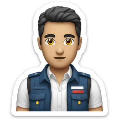 A PERUVIAN SECURITY AGENT, IN A BLUE VEST AND WHITE SHIRT. SAY OK WITH YOUR HAND. SERIOUSNESS. sticker