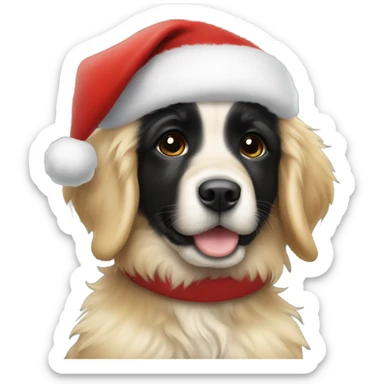 solid black fluffy puppy wearing red vest with white golden retriever wearing a santa hat sticker