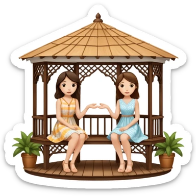Two brunette women sitting inside a large white gazebo sticker