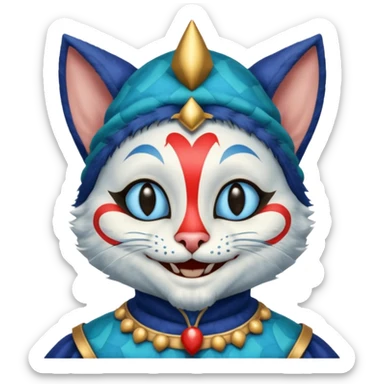 crazy colorful cute little cat jolly joker, medieval, vintage, court jester, mac os icon, blue color sticker