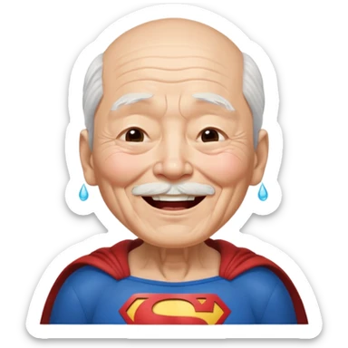 Chinese elderly dressed as Superman laughing exeedingly with closed eyes and tear drops sticker
