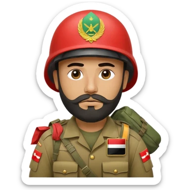 A tired, swarthy Iraqi soldier with a beard, an Iraqi flag on his helmet, a sad expression and bags under his eyes sticker