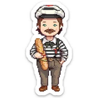 Frenchman with moustache, beret, holding baguette, black and white striped shirt, pixel art style. sticker