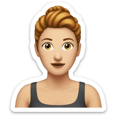 White woman with European features, sitting at a computer. She has reddish-brown hair styled in a high bun and a few freckles on her face sticker
