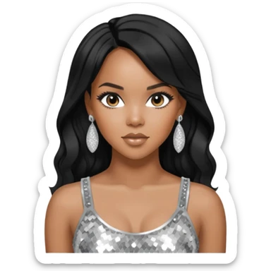 LeToya Luckett with black long hair, silver sequin crop top, silver earring sticker