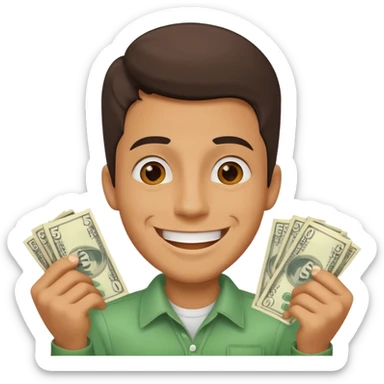 a cheerful guy with dollar bills and a big smile, showing off $5000 sticker