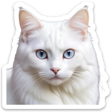 Cinematic Noble White Cat Portrait Emoji, Poised and stately, with a pristine, snow-white fur accented by delicate hints of silver, refined whiskers and a serene, focused gaze, simplified yet impeccably detailed, glowing with an ethereal radiance and timeless elegance, high shine, exuding calm intelligence and regal simplicity, soft glowing outline, capturing the essence of a noble white cat that radiates quiet majesty! sticker